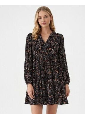 Anthropologie Maeve Black Floral Long-Sleeve Tiered Mini Dress